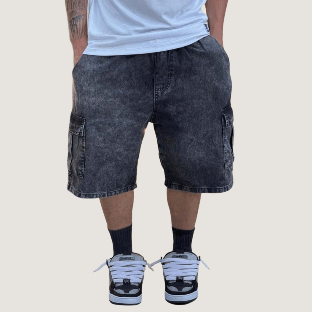 Bermuda Jeans Cargo Masculina 100% Algodão Streetwear Bolsos Cargo Casual Urbano