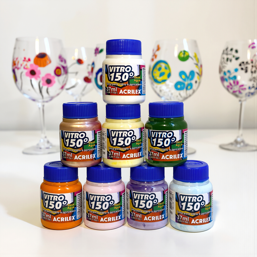 Kit Pintura Tinta Vitro 150 Acrilex 8 Cores Tons Verão Pastel 37ml cada Vidro Porcelana Cerâmica