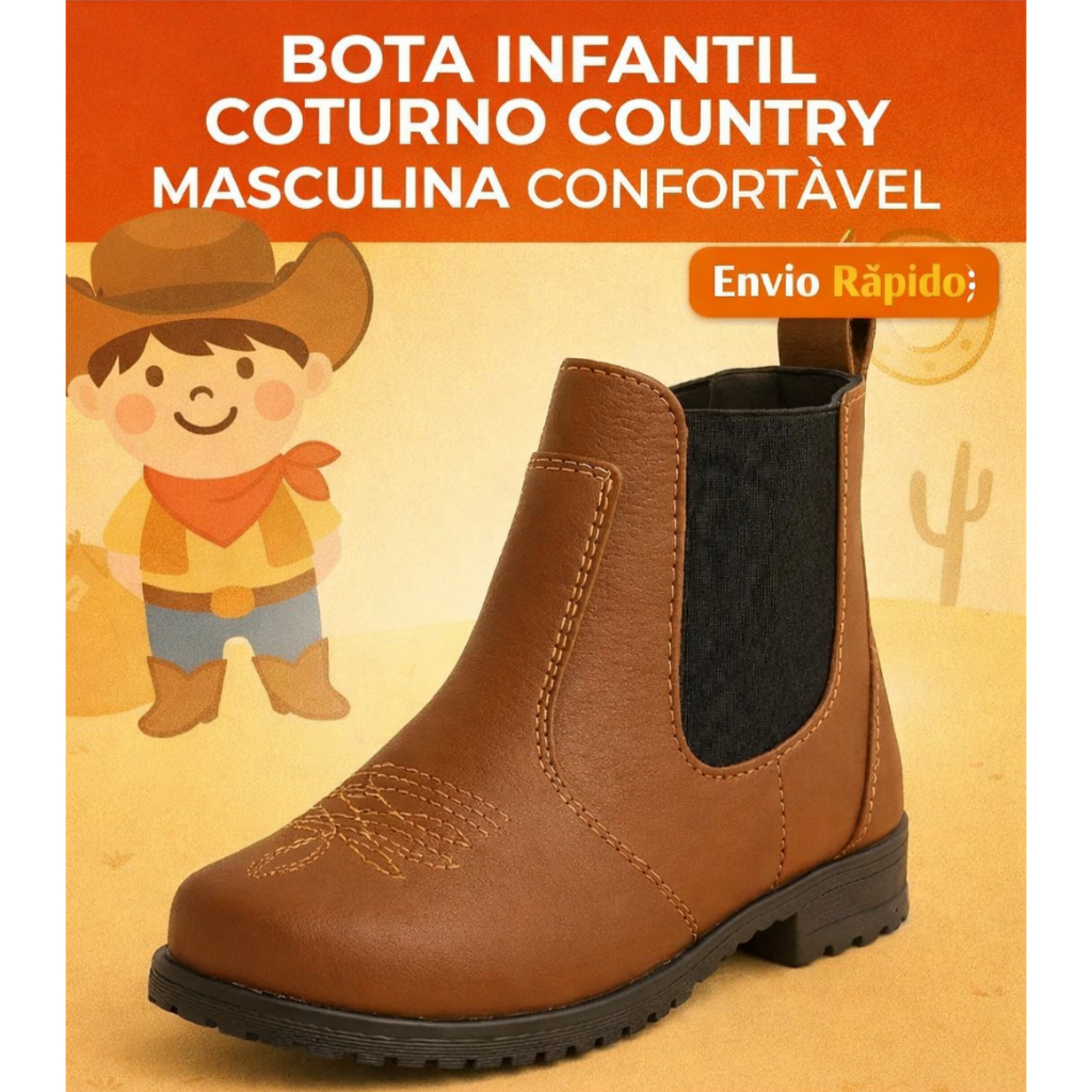 Bota Coturno Jeca Masculina Conforto Infantil Moda Country Caramelo Marrom Cafe Preto