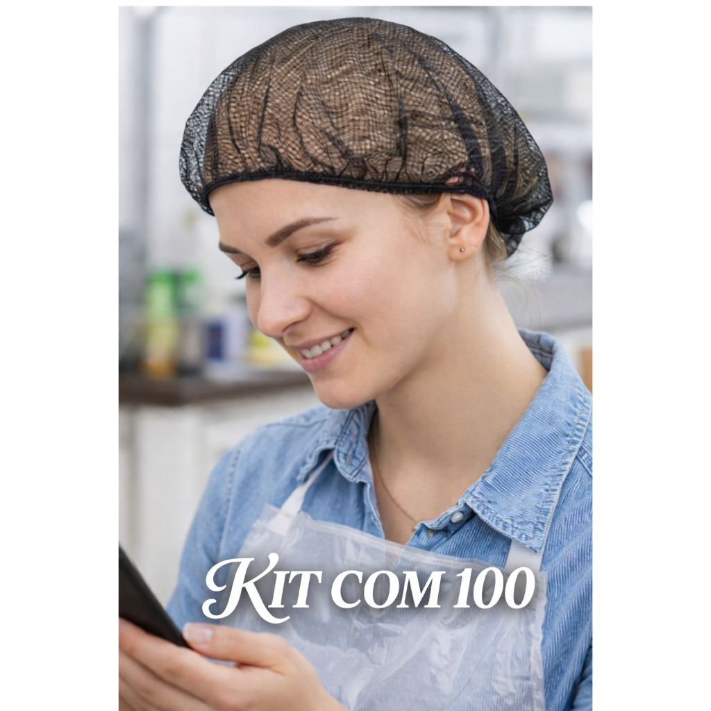 Kit com 100 Touca Redinha Preta Rede Cozinha Nylon Descartável Cabelo Capilar Restaurante Protetora Lavável Telinha Uso
