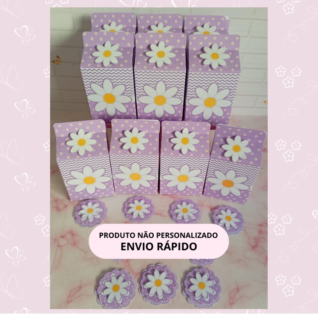 Kit 10 Caixas Milk +10 Apliques 3D - Pronta Entrega - Margaridas Lilás - Envio Imediato - lembrancinha Pronta Entrega