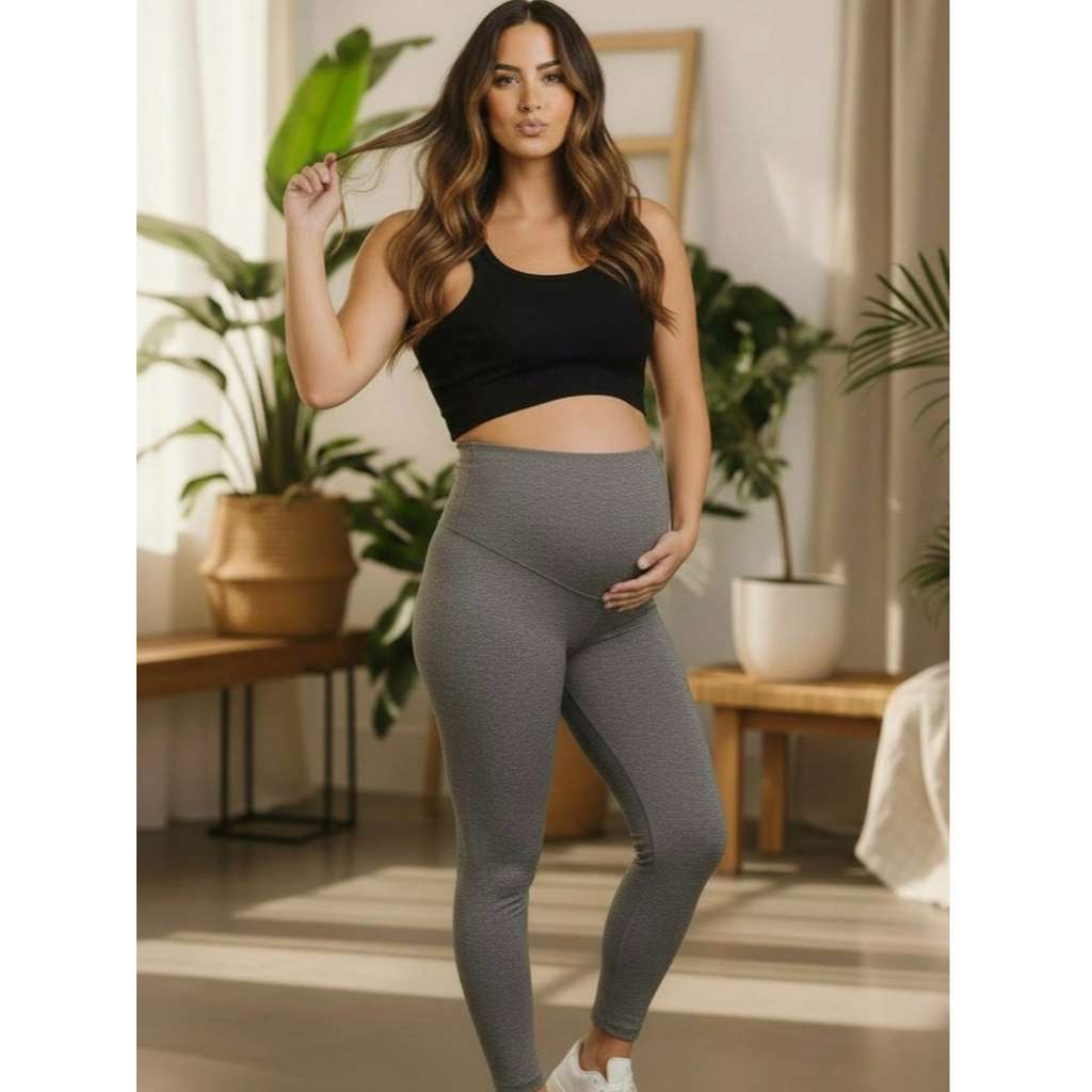 Kit 1 Legging gestante preto + 1 cinza calça grávida maternidade suplex alto conforto sustentação barriga plus mamãe — imagem 2 de 2