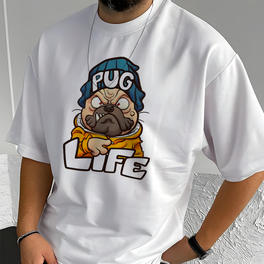 Camiseta Masculina Oversized Algodão Premium Pug Life Streetwear Estampada Premium Tendência 2026