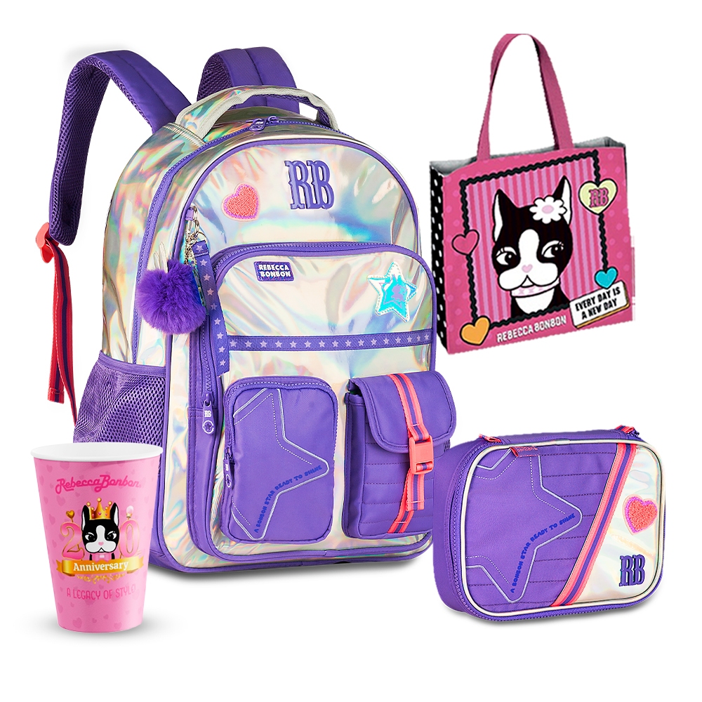 Kit Mochila e Estojo Box Rebecca Bonbon Feminina Jeans Adolescente Escolar Reforcada Oficial