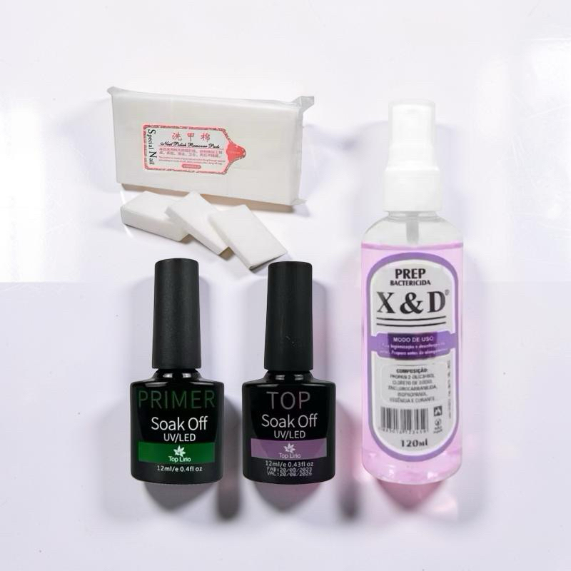 Kit Blindagem de Unhas Top Coat + Primer + Prep + Algodão Prensado Preparadores de Unha em Gel Higienizador em Oferta na Shopee