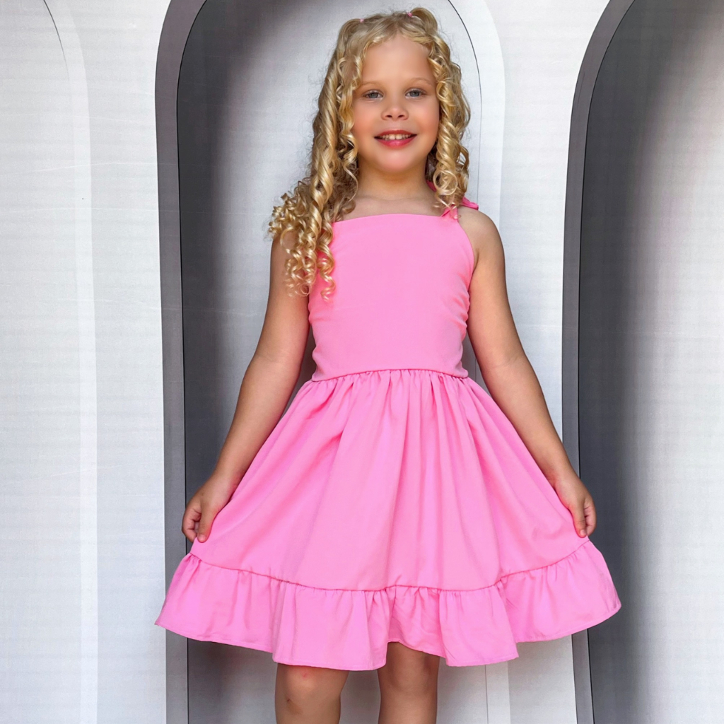 Vestido Infantil Rosa Rodado Menina Festa Luxo Com Babado Feminino Barato Promoção