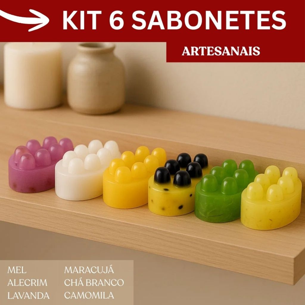 Kit 6 Sabonetes Massageadores Artesanais Spa Aromas Mel Alecrim Lavanda Maracujá Chá Branco