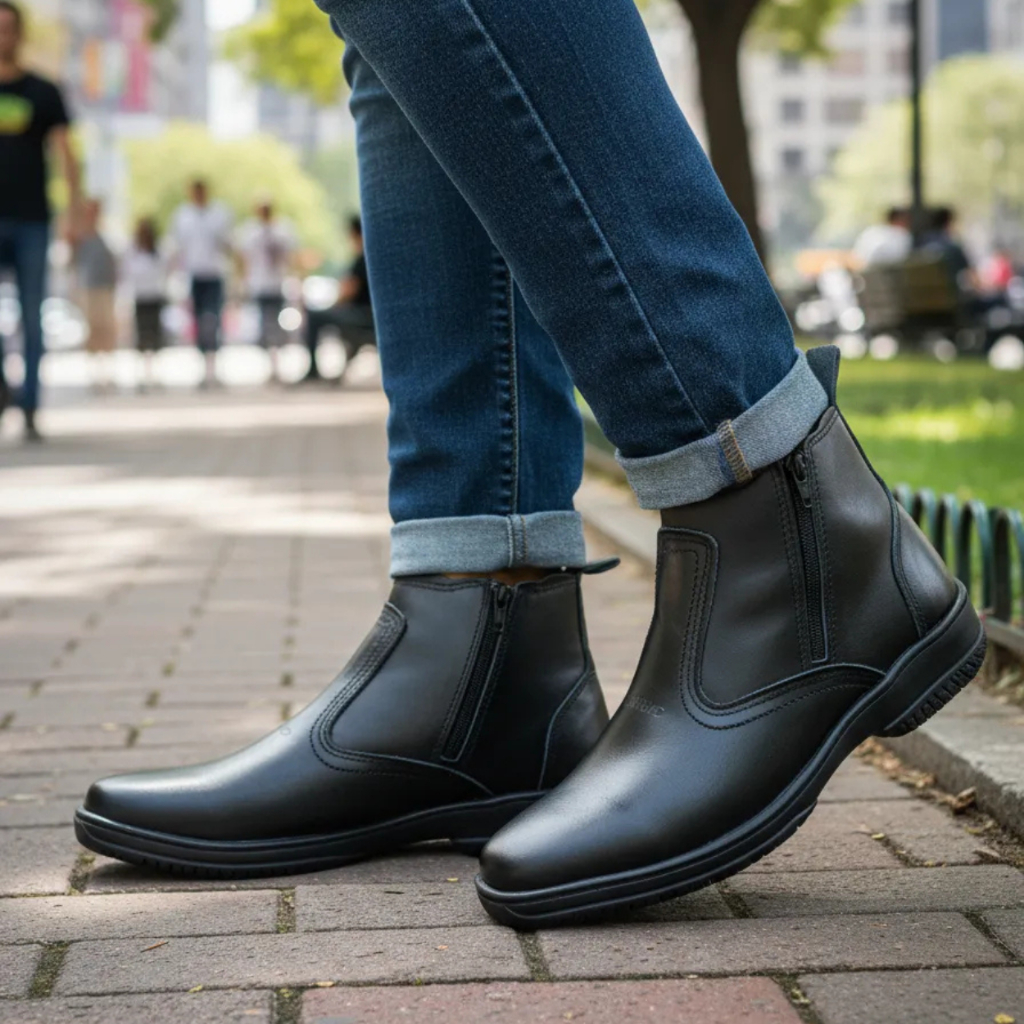 Bota Masculina Couro Legitimo Botina Com Ziper Solado Costurado Botinha Leve Macia Confortavel 2220