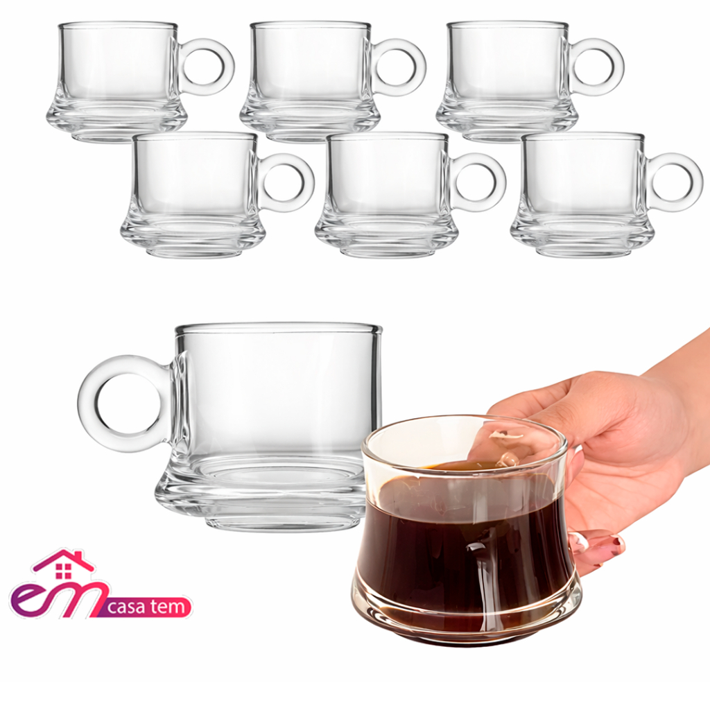 Jogo de 12 Xícara Robusta Lisa Elegante Vidro Temperado 85ml Caneca Café Decorativa Resistente