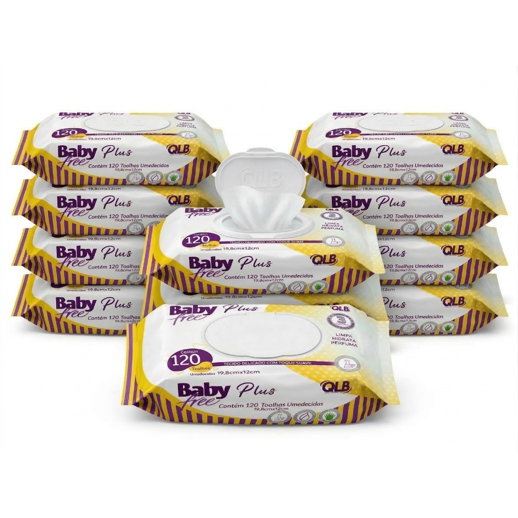 Caixa com 10 Lenços/Toalhas Umedecidas Baby Free Plus c/ 120 Unidades Cada – Tampa FlipTop em Oferta na Shopee