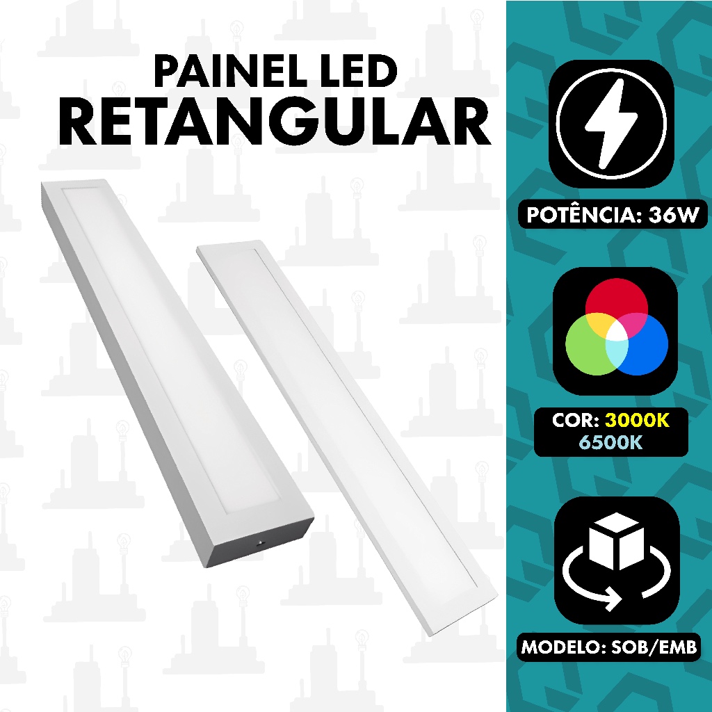 Painel Plafon Led Retangular 10X120 36w Embutir/Sobrepor 3000k/6500k  FABRICA UM