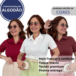Blusa Feminina Ribana Algodão com Elastano Manga Curta Gola Polo Lisa em Oferta na Shopee