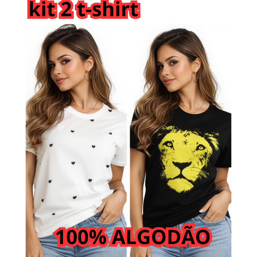 Kit 2 Blusas Femininas Algodão Premium Confortável Casual Versátil Estilosa Gola Redonda t-shirt Oferta