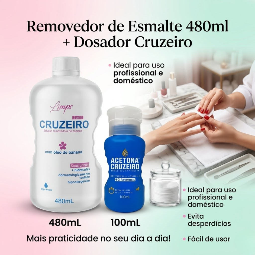 Linha Unhas - removedor de esmalte Limps Cruzeiro 500ml Com Óleo de Banana