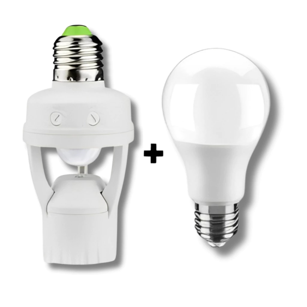 Kit Soquete Bocal E27 Bivolt Com Sensor De Presença Movimento 360º + Lâmpada LED 12w Branco Frio