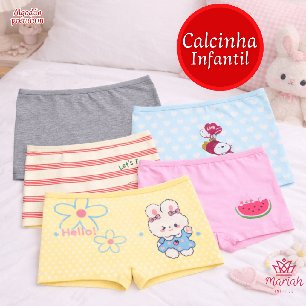 Kit 6/5 ou 3 Calcinhas Infantis Boxer Algodão Premium Cores Sortidas em Oferta na Shopee