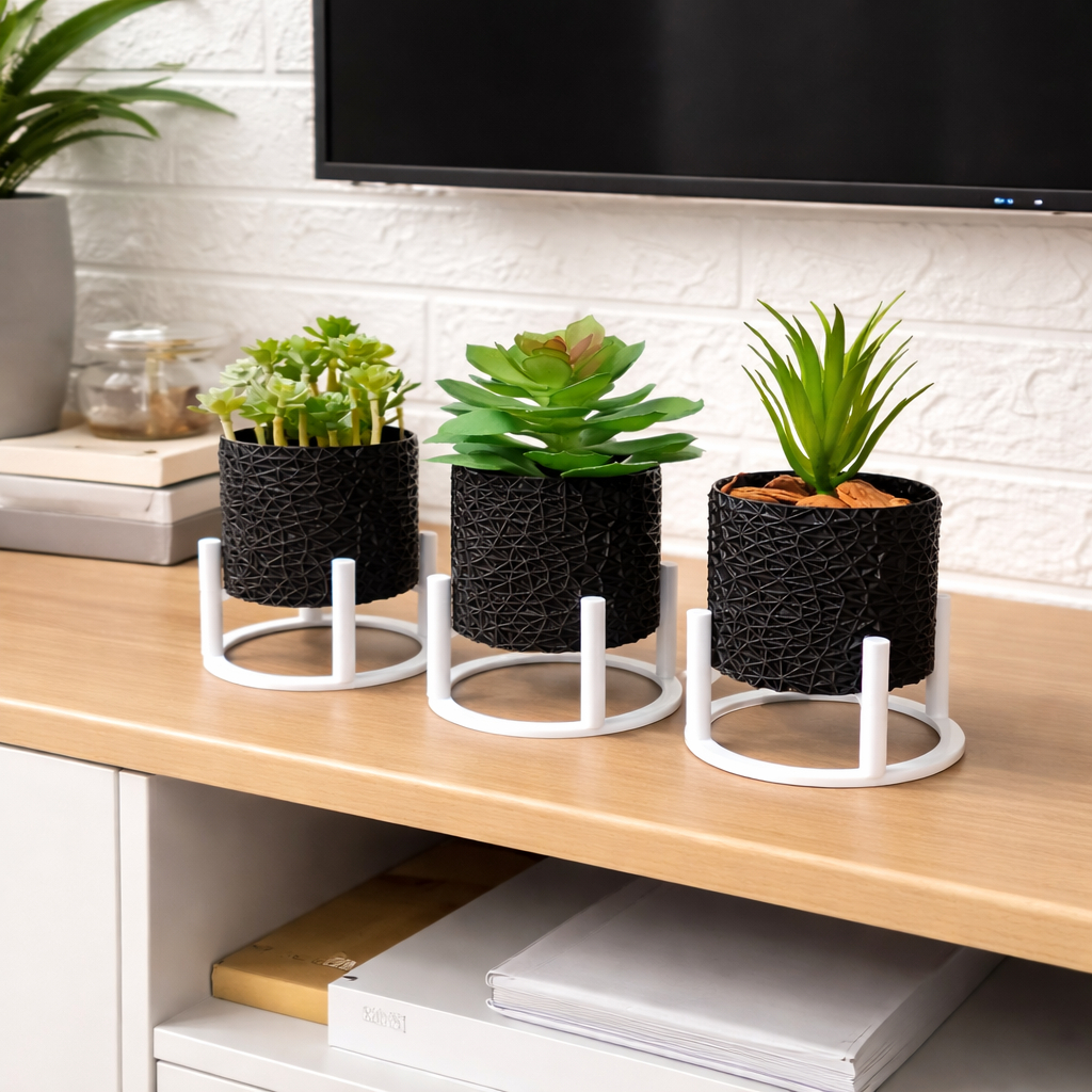 Kit 3 Vasos Decorativos para Suculentas Minimalista Elegante com Suporte Cachepot Presente
