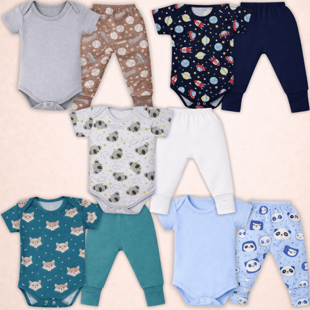 Kit 10 Pçs Body E Mijão Bebe M/CURTA ESTAMPADO 100% Algodão Menino