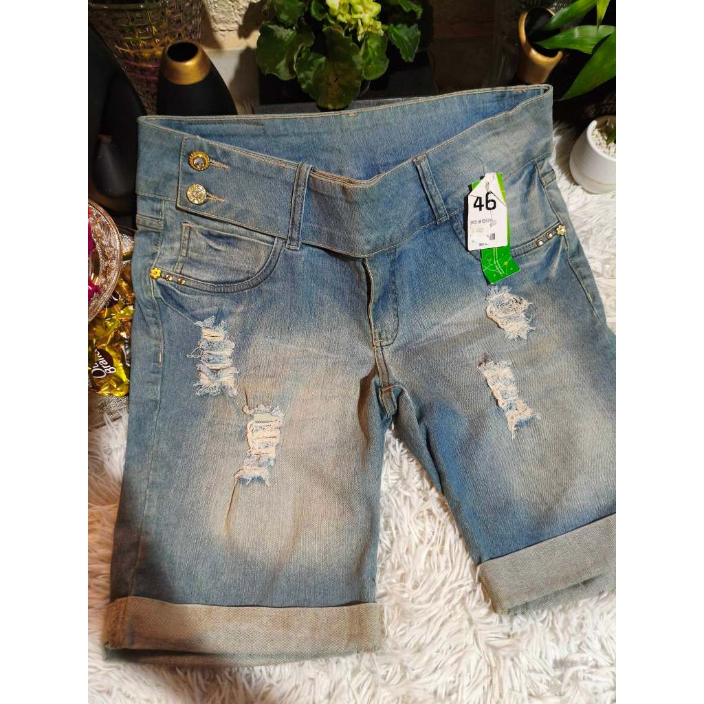 Bermuda Adulto Feminina, Modelo Cintura Média, Jeans lycra Claro Destroyed, Tam: 46, Marca: Bauerbauer1977