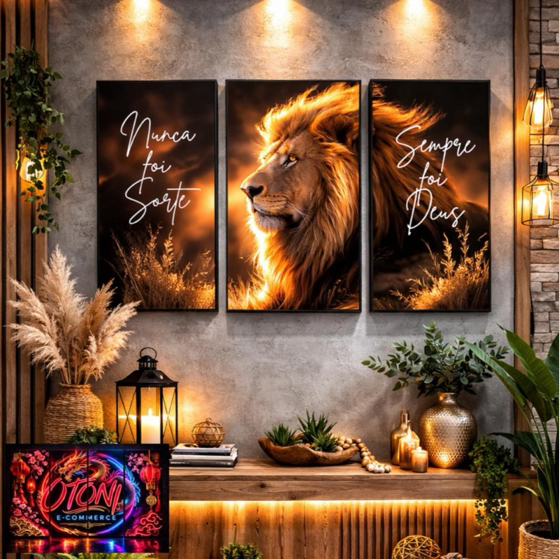 Quadro Decorativo Grande Leão De Judá Religioso Nunca Foi Sorte Sempre Foi Deus 3 Peças 122x60