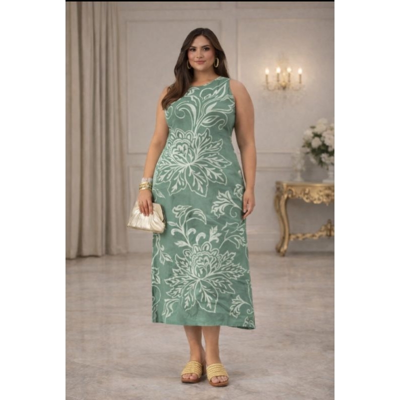 Vestido Midi Estampado Verde – Viscolinho - Regata, Elegante e Confortável | Veste 46 ao 50