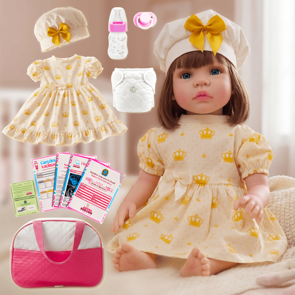 Bebê Reborn Boneca Realista Vestido Dourado Em Silicone Pode Dar Banho Envio Imediato
