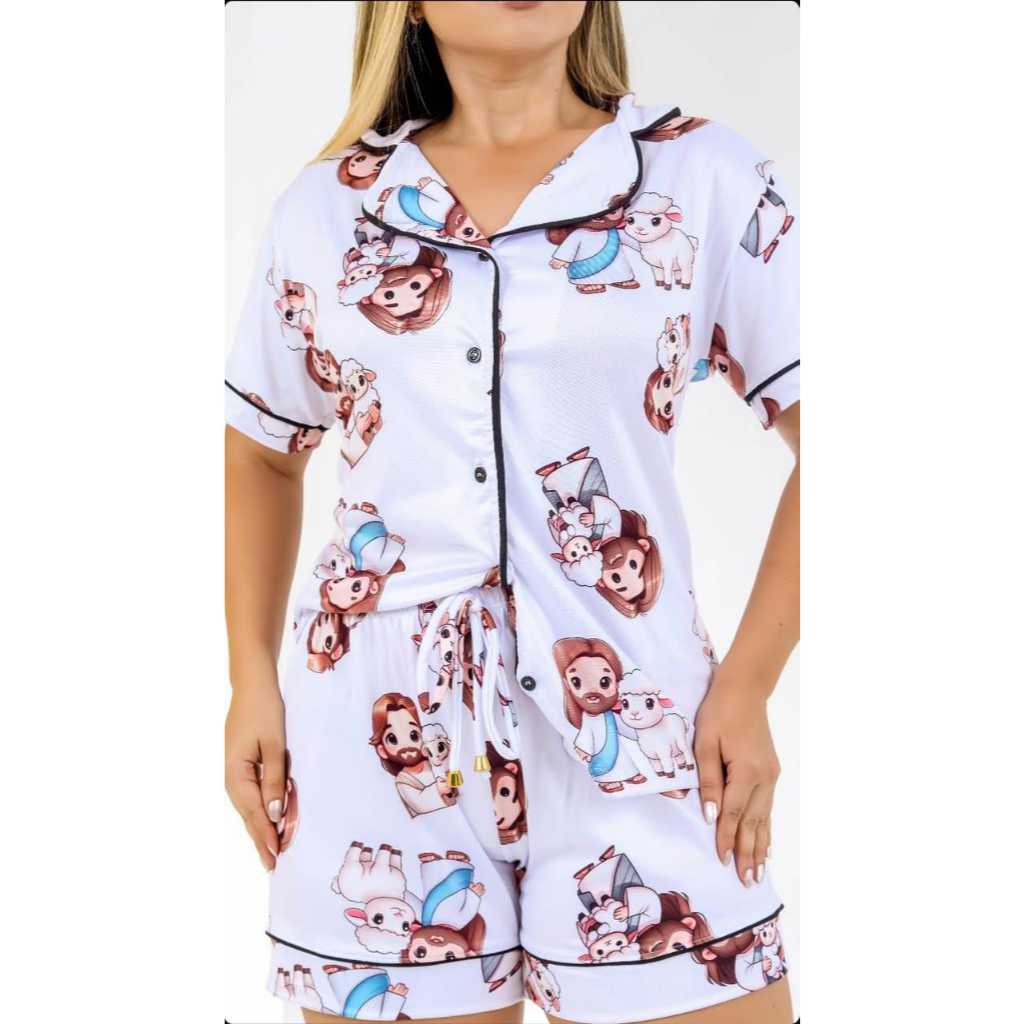 Pijama Feminino Suede Estampado Jesus & Ovelhas/Conjunto Short Doll Verão/Pijama Americano Curto Ovelhas de Jesus