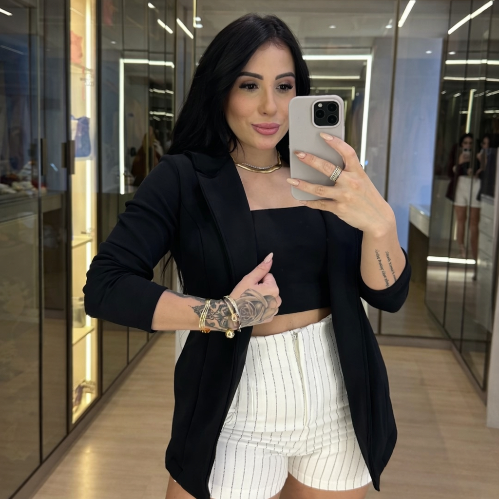 Blazer Feminino Alfaiataria Preto Bege  Manga Longa Elegante Moderno Social Atemporal Dia Noite