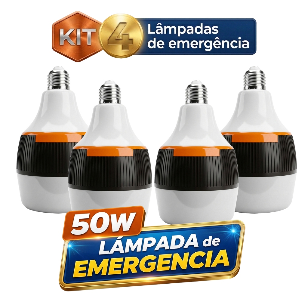 Lâmpada De Emergência LED Recarregável 50W Bivolt E27 Acende Sem Energia 6h Acampamento