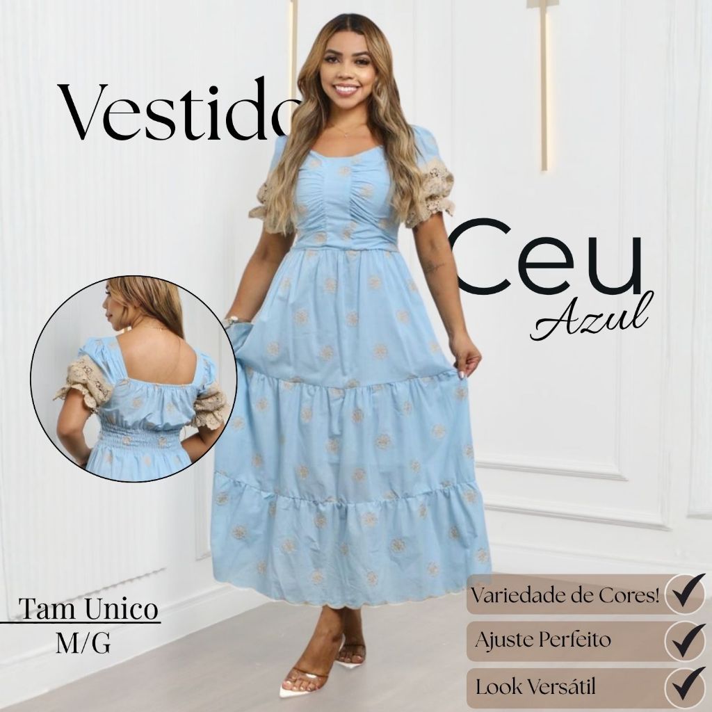 Vestido Midi Feminino Bordado Camponesa de Manga Curta