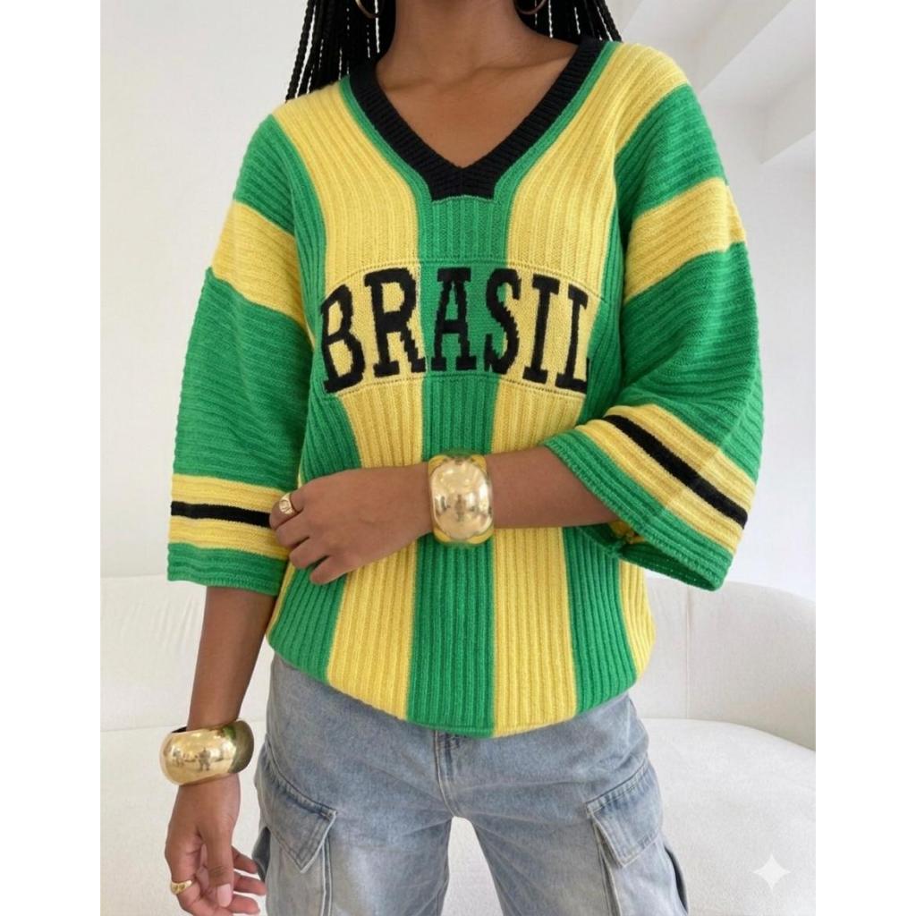 Blusa Feminina Brasil Tricot Camiseta Over Size Lançamento Moda Tricô Blogueira Seleção Brasileira
