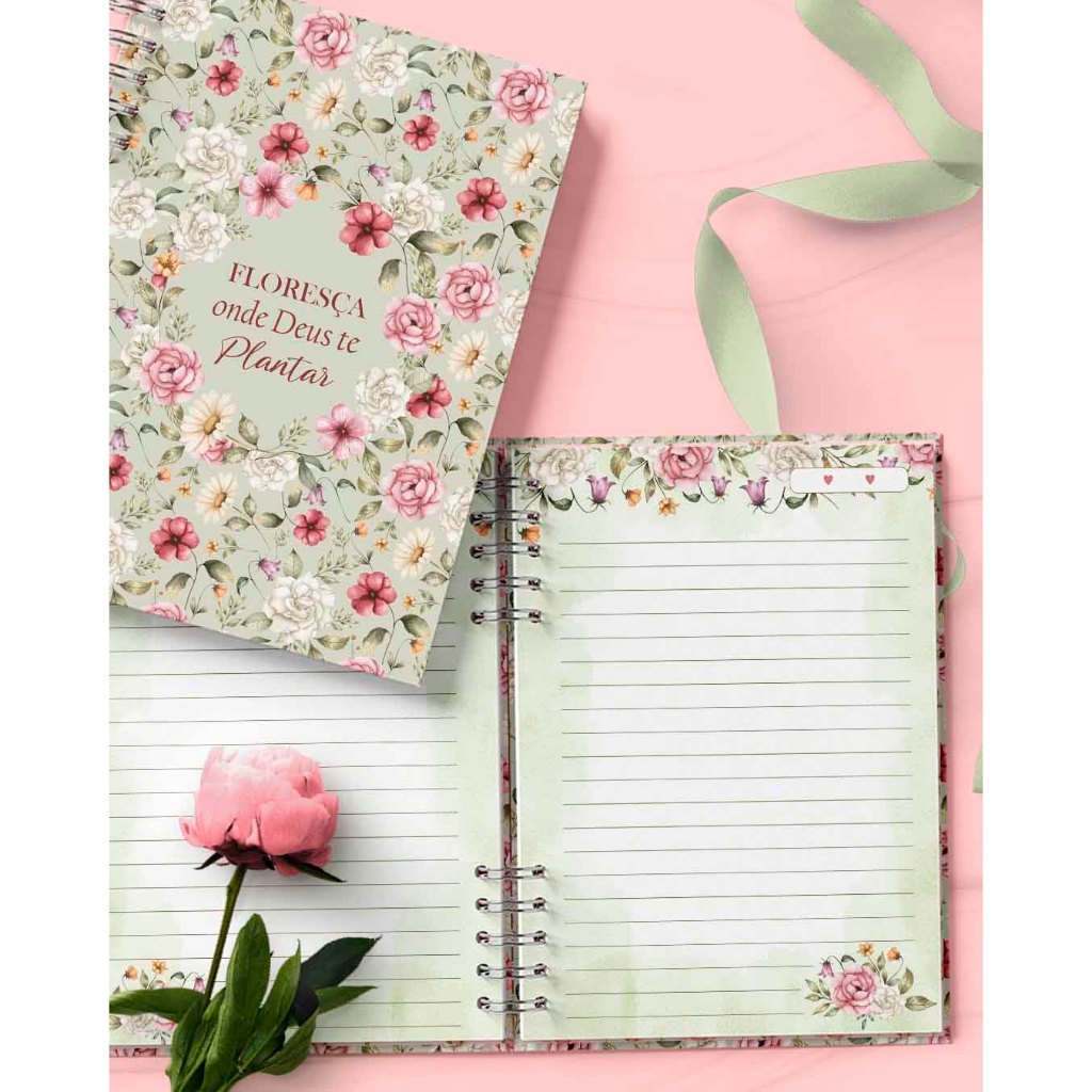 Caderno de Anotações personalizado floral  capa dura  A5 100 folhas inicial devocional  Anotações