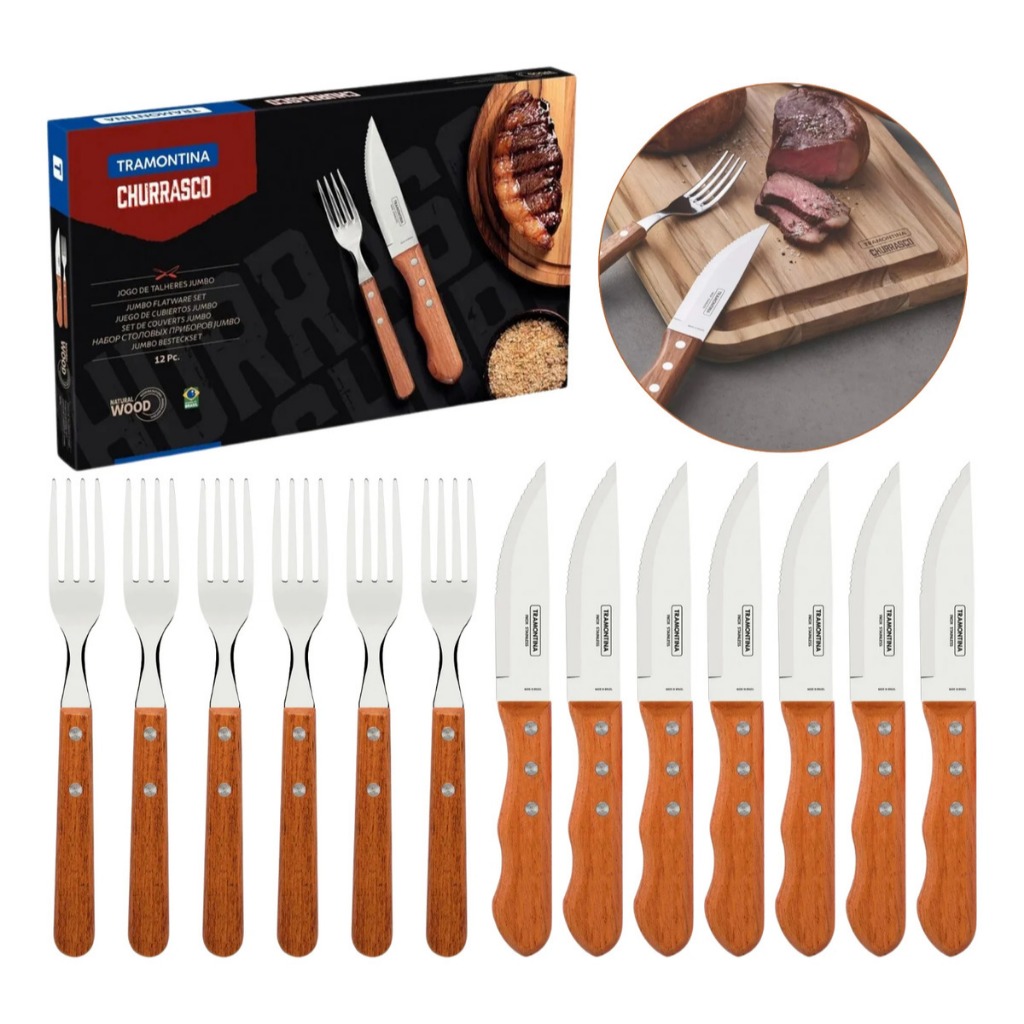Jogo Talheres Tramontina Churrasco Natural Wood 12pç Facas Talheres Para Churrasco Jumbo Tramontina