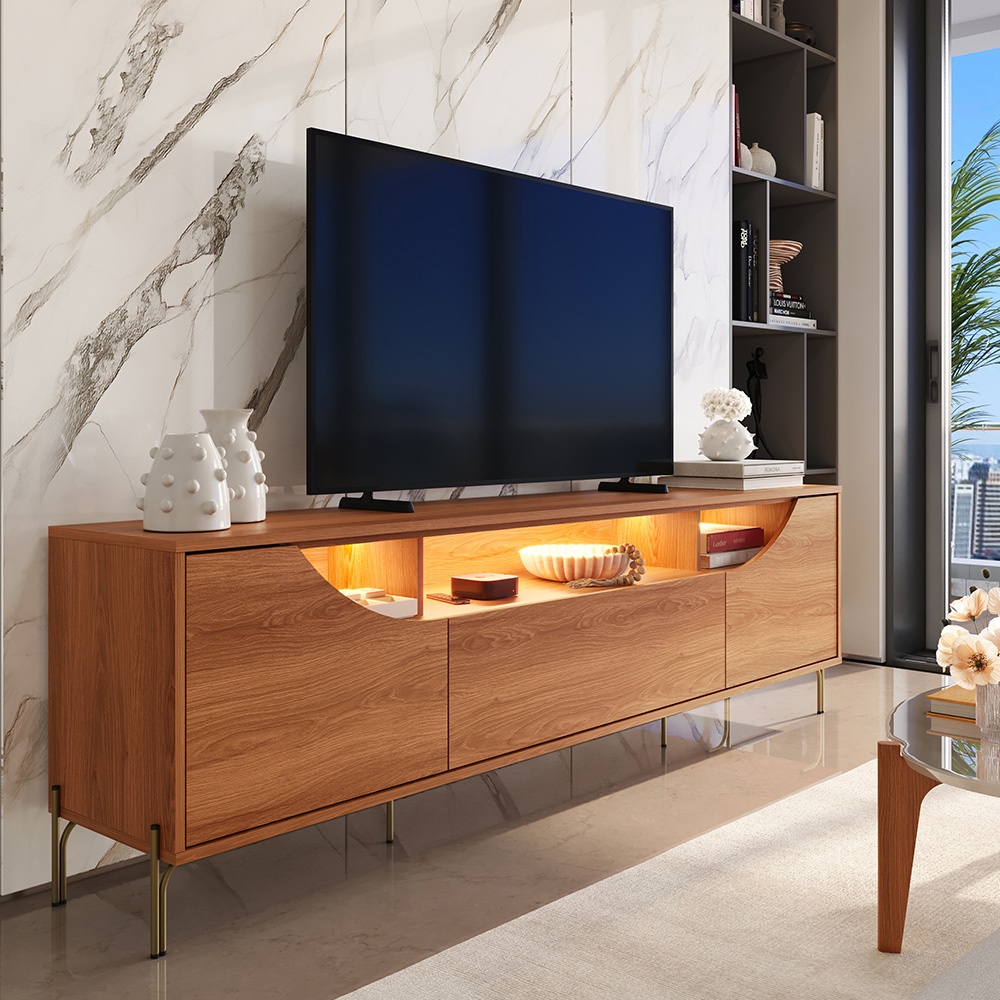 Bancada Imperiale Copa do Mundo para TV até 75” LED Portas MDF Usinado Pés Ferro Gaveta Telescópica