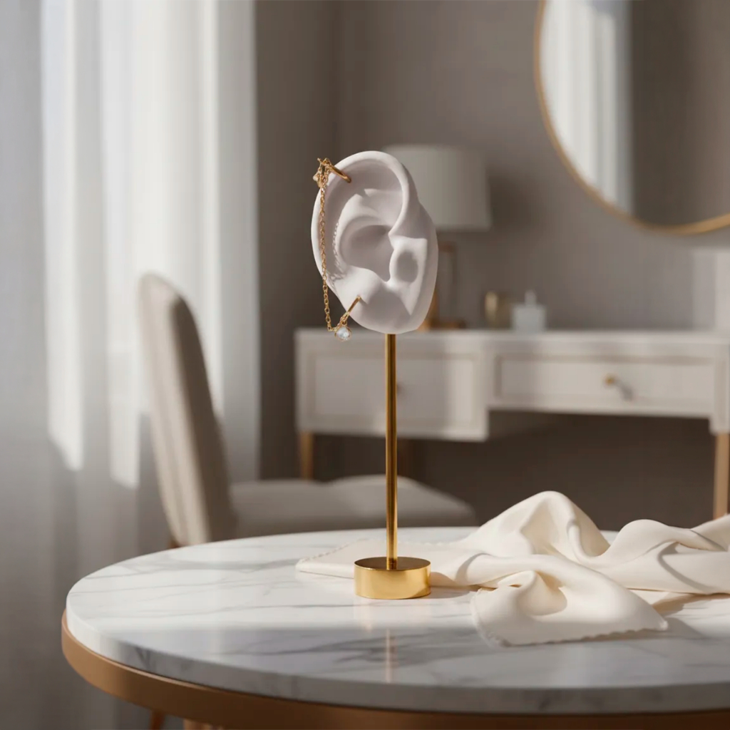 Expositor Brinco Joias Bijuterias grandes Orelha Branca com Suporte de Metal Banhado Dourado em Oferta na Shopee