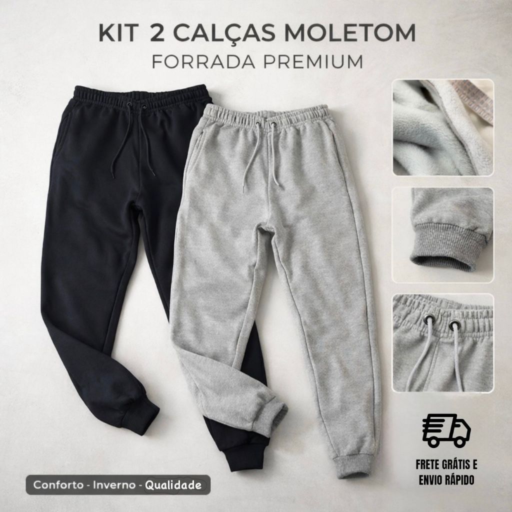 Kit calça moletom forrada unissex confortável com punho, bolso e cordão