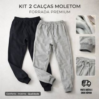 Kit calça moletom forrada unissex confortável com punho, bolso e cordão