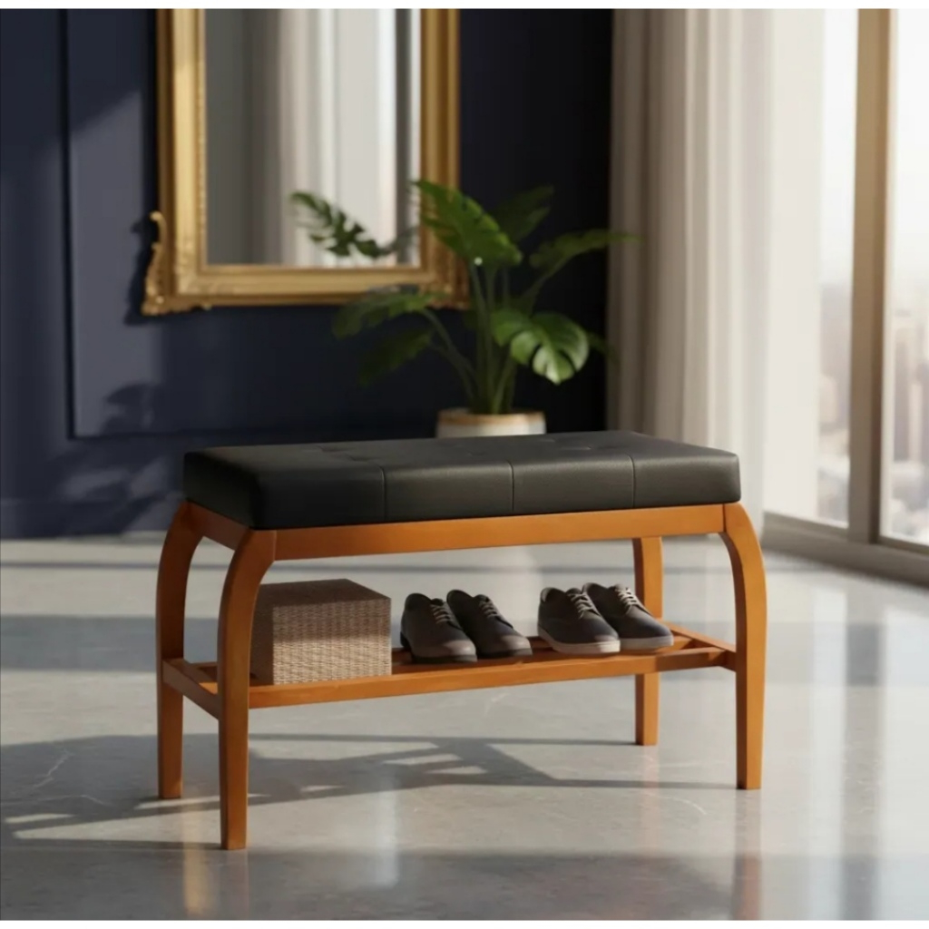 Sapateira De Madeira 70cm Banco Estofado Luxo Organizador De Sapatos Para Hall De Entrada