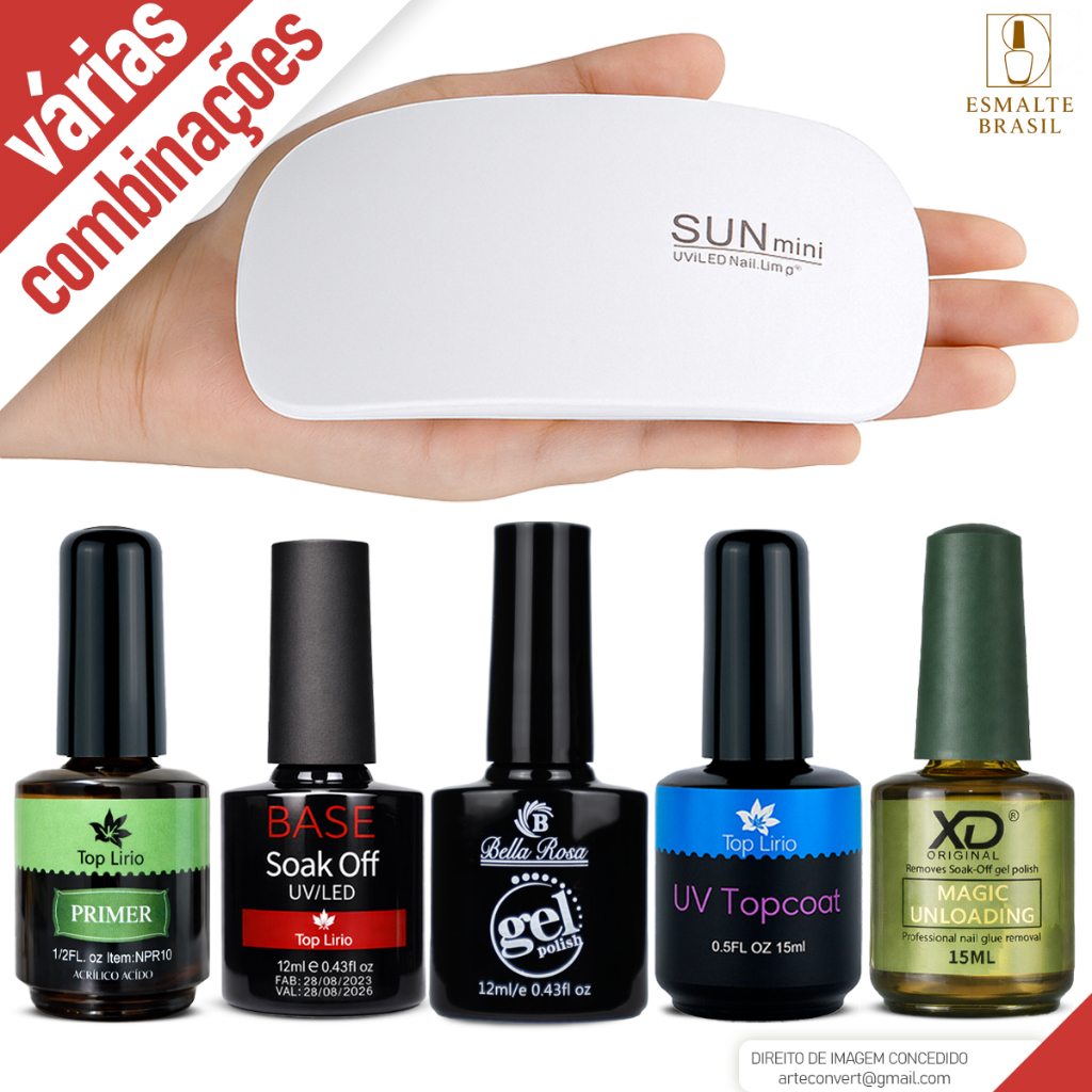 Kit Esmaltação em Gel c/ Top Coat Primer Magic Remover Esmalte Unhas Manicure