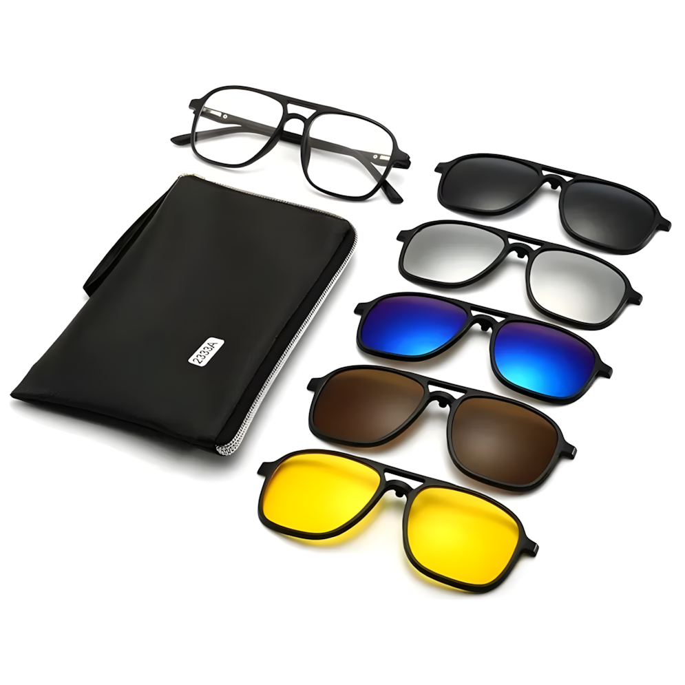 Óculos Clip On 6 em 1 Modelo 2333 Polarizado UV400 Masculino Armação Grau Lentes Coloridas Dirigir Dia Noite