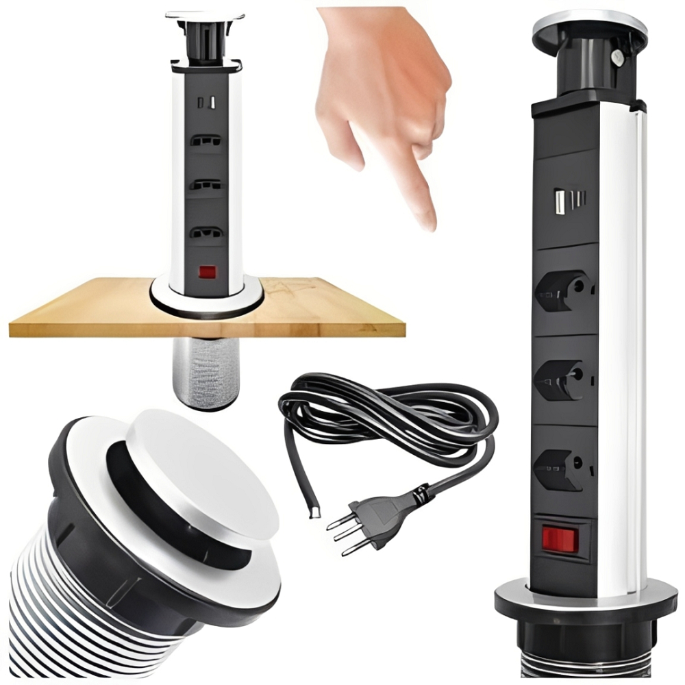Torre de Tomadas Embutir Retrátil Multiplug com USB e USB-C 3 Tomadas para Mesa Bancada Escritório em Oferta na Shopee