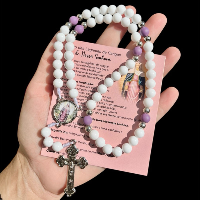 Terço de Nossa Senhora das Lágrimas Branco com Folheto