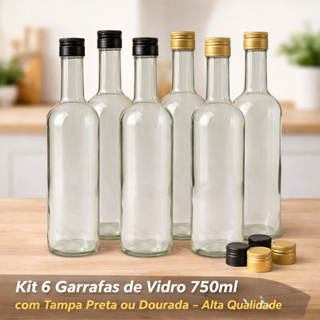 Kit 6 Garrafas de Vidro 750ml com Tampa Rosca Preta e Dourada – Alta Qualidade em Oferta na Shopee