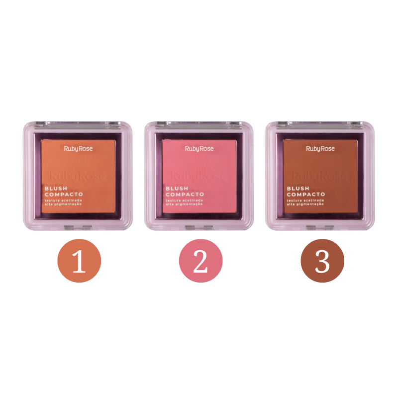 Blush Compacto Textura Acetinada Ruby Rose HB-861 1/2/3