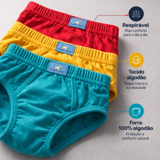 Cueca Infantil Algodão Menino Slip com forro Conforto Kit 10-5 cuecas 100% algodão Lisas P M G GG em Oferta na Shopee