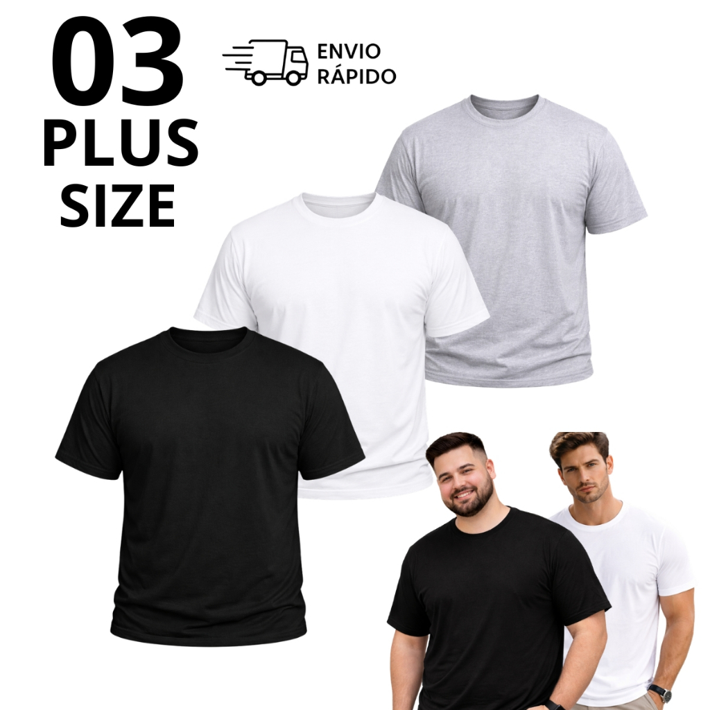 Kit 03 Camisetas Masculinas Plus Size G1 ao G3 Básica 100% Algodão Confortável e para o Dia a Dia em Oferta na Shopee