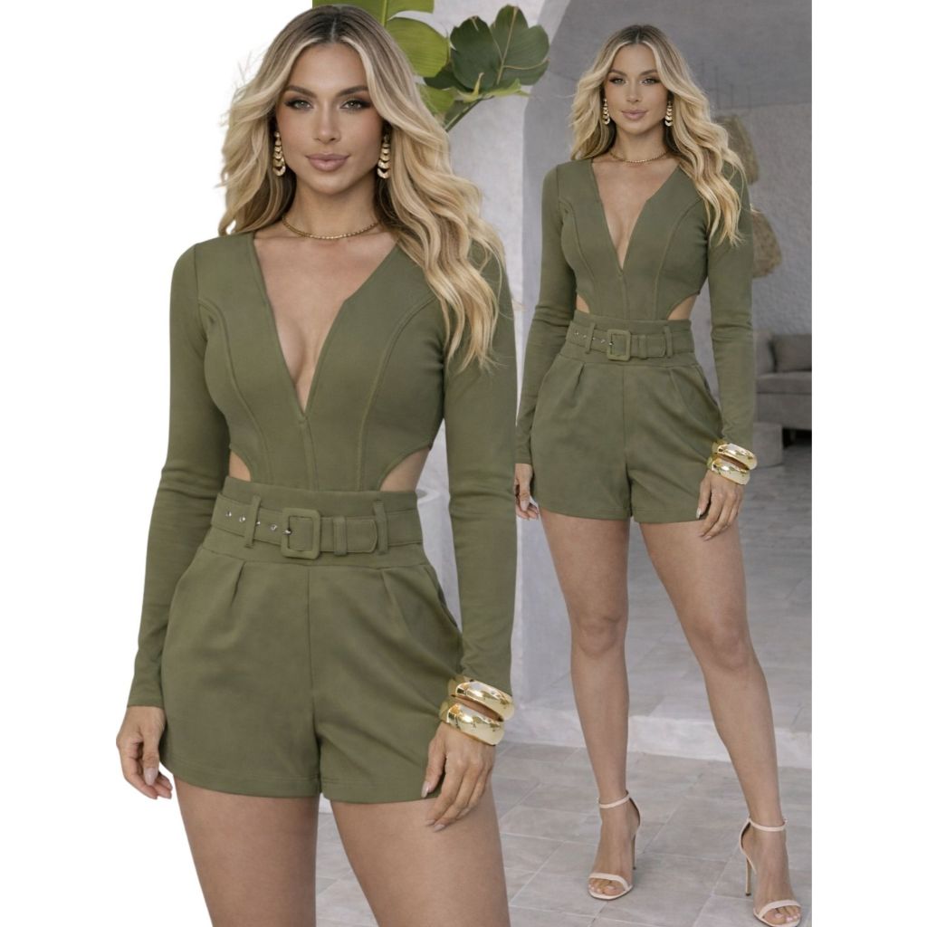 Macaquinho Montaria Feminino Curto com Decote V e Cinto Forrado em Oferta na Shopee