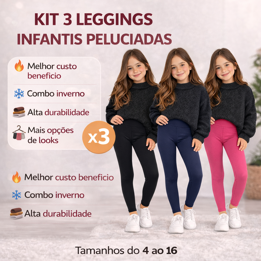 Kit 3 Leggings Infantis Peluciadas Térmicas Inverno Menina Cintura Alta Confortável Não Transparente 4-16 em Oferta na Shopee