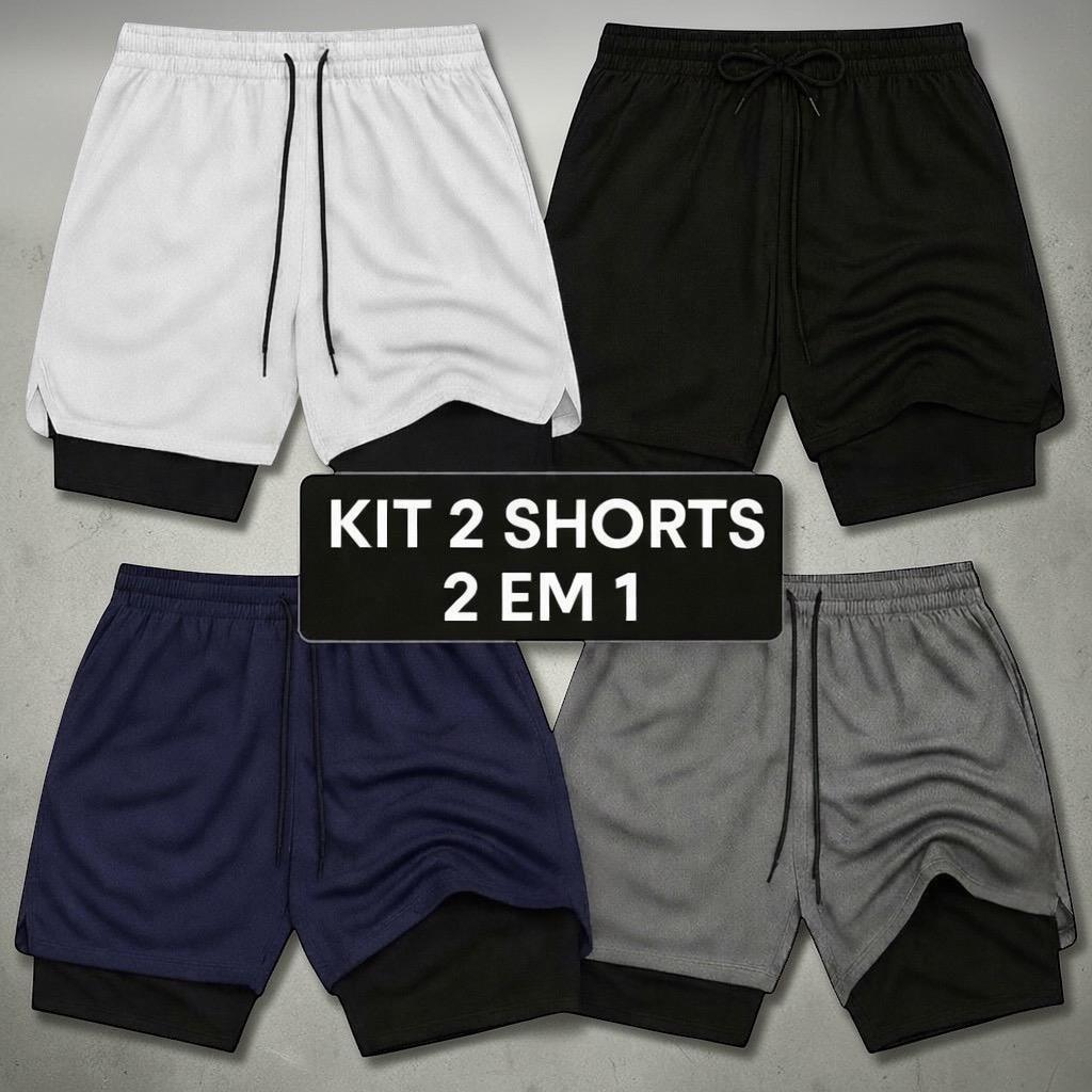 Kit 2 Shorts Masculinos 2 em 1 Com Elastano Secagem Rápida Para Academia e Treino em Oferta na Shopee