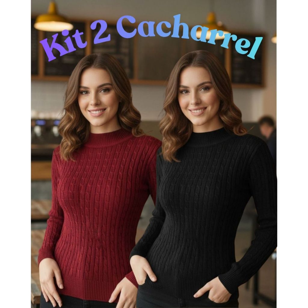 Kit 2 Cacharrel Feminina Suéter Canelada Moda Inverno Tricô Detalhada Manga Longa Tricot